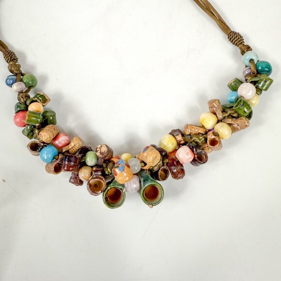 Vintage Mexican Pottery Mugs Cups Glass Beads Necklace Hand Painted - Picture 3 of 6